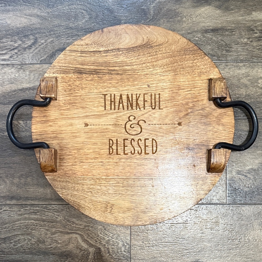 Thirty-One Round Wooden Tray with Black Handles